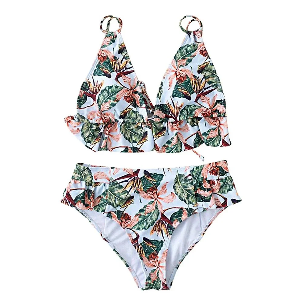 Tropical Palm High Waisted Ruffle Bikini Set - Picture 5 of 10